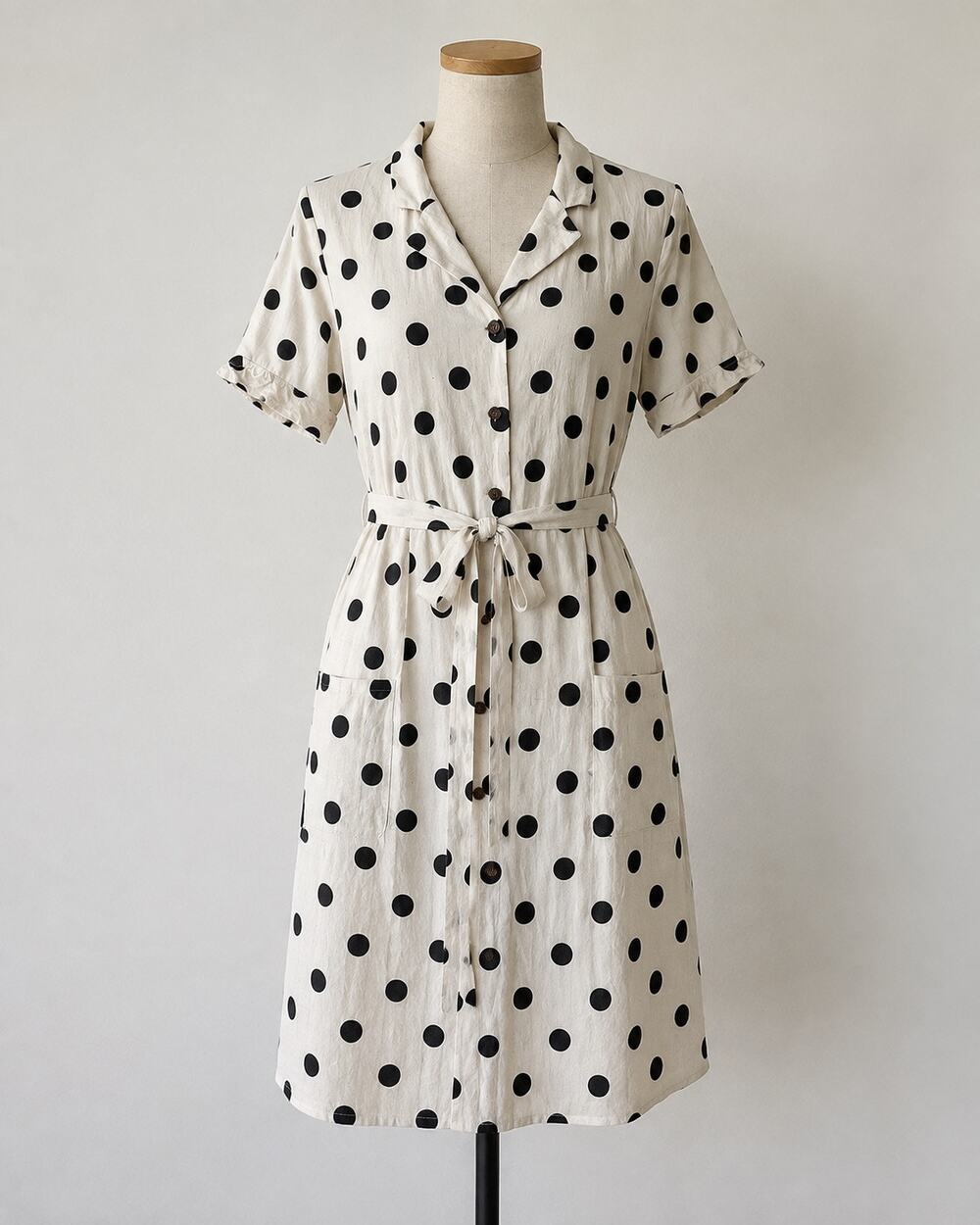 Monteau XL Black White Polka Dot Linen Blend Shirt Dress Tie Waist Pockets Retro
